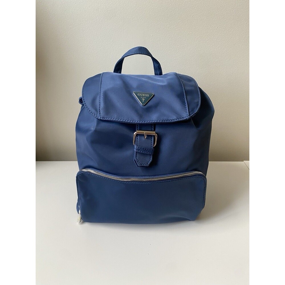 Guess Blue Jaxi Nylon Backpack with Black Adjustable Straps and Gold Accents